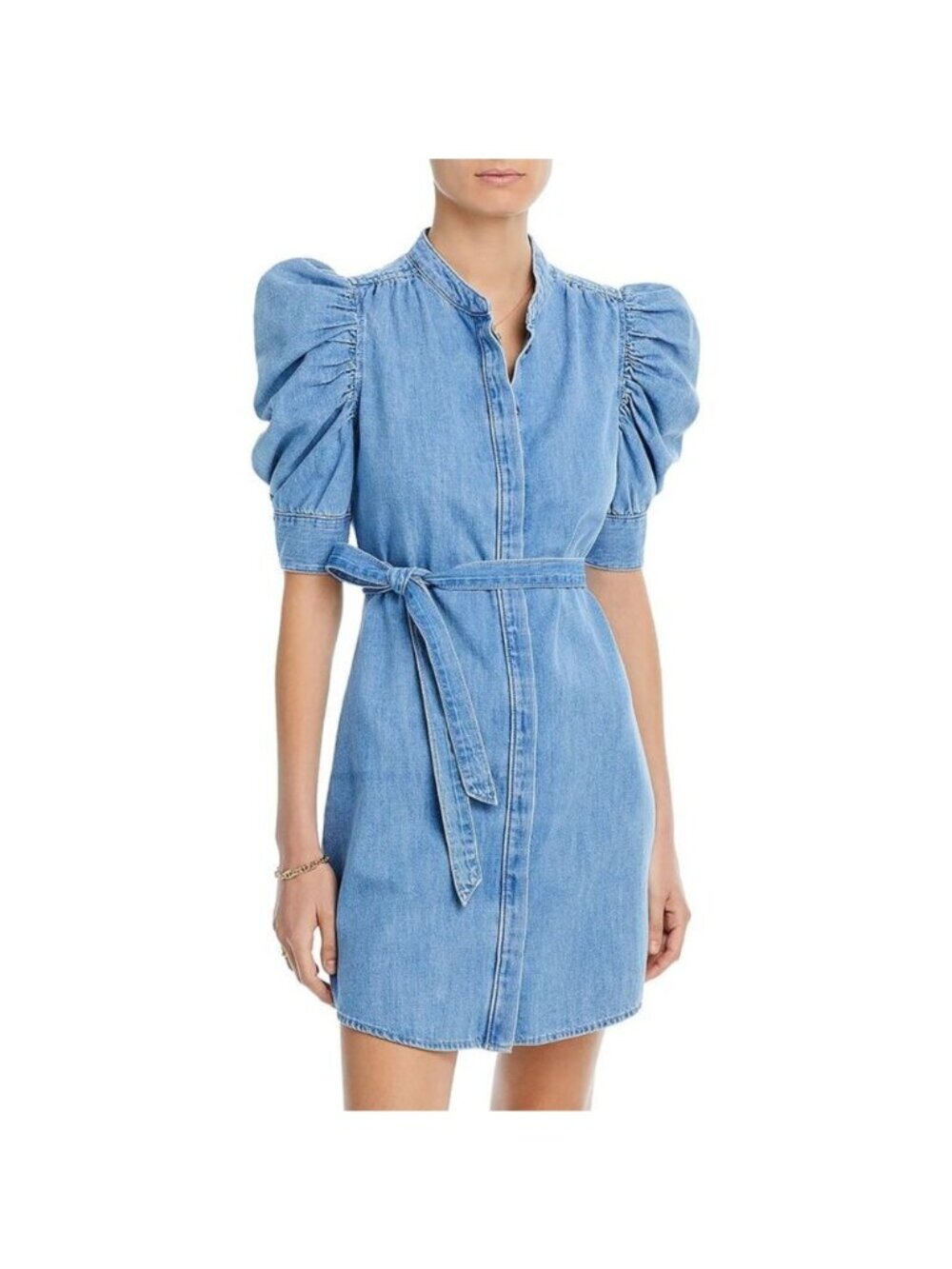 FRAME Gillian Medium Wash Denim Belted Puff Sleeve Dress Womens Medium